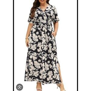 Maxi Dress Summer Formal Floral V Neck 3/4 Sleeve A Line Wedding Guest Size 20